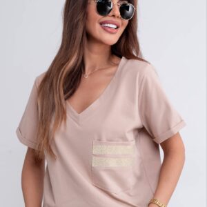 Bawełniana bluzka t-shirt Pocket Stripe Beżowa