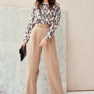 Szerokie eleganckie spodnie z łańcuszkiem Beżowe