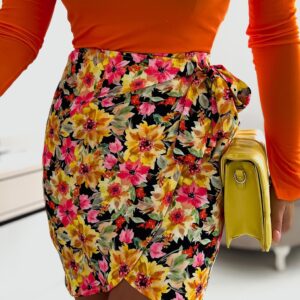 Bawełniana spódnica wiązana w kwiaty Różowo/Żółta