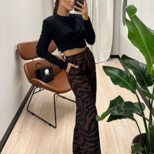 Spodnie z szeroką nogawką Lamilla Zebra Czarno/Brązowe