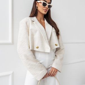 Krótka żakardowa marynarka z wiskozy Edan Kremowa ze srebrną nitką