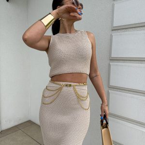 Dzianinowy komplet CYPRUS Spódnica i top Beżowy