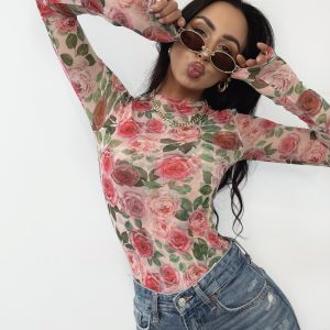 Bluzka siateczkowa z wiskozy Lamilla KAREN w kwiaty Różowa