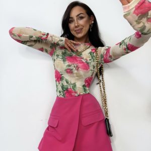 Bluzka siateczkowa z wiskozy Lamilla KAREN w kwiaty Zielono/Różowa