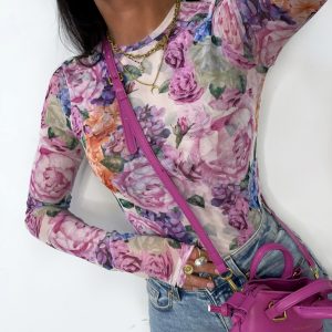 Bluzka siateczkowa z wiskozy Lamilla KAREN w kwiaty Fioletowo/Różowa