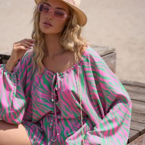 Krótki letni kombinezon z wiskozy SEMPRE Zebra Różów/Zielony