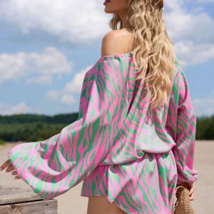 Krótki letni kombinezon z wiskozy SEMPRE Zebra Różów/Zielony