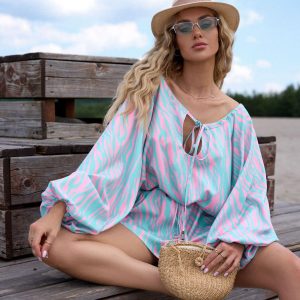 Krótki letni kombinezon z wiskozy SEMPRE Zebra Różów/Turkusowy