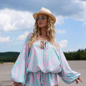 Krótki letni kombinezon z wiskozy SEMPRE Zebra Różów/Turkusowy