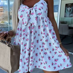 Krótka letnia sukienka z wiązaniem PANAMA Biała w kwiatki